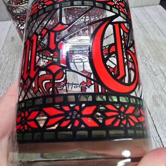Vtg Houze Glasses Tumblers Season's Greetings Stained Glass Christmas 4" T Set 3 - Picture 3 of 7